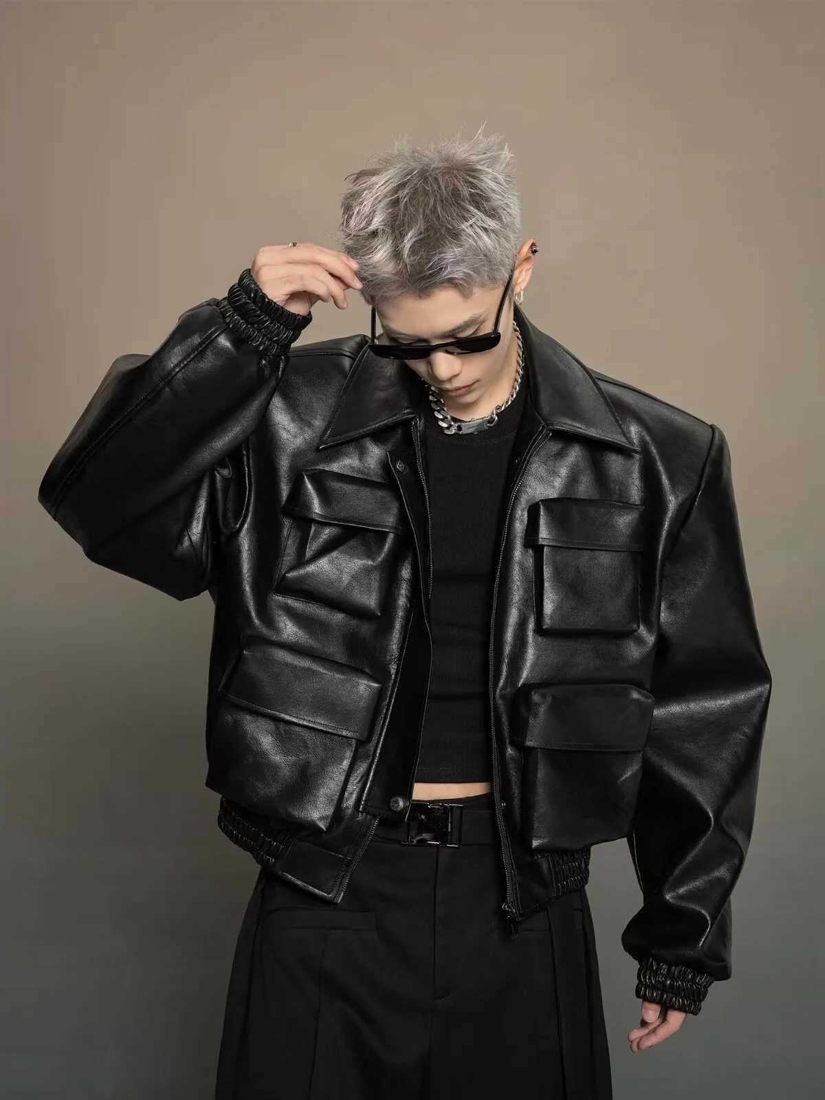 Cargo PU Leather Jacket Men Utility MultiPocket Y2K Mens Motorcycle Windbreaker Oversized Streetwear Bomber Jackets X250925