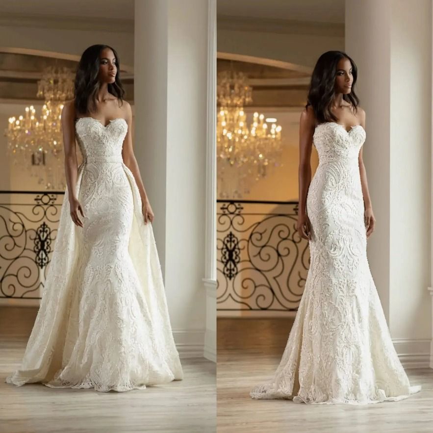 Elegant Mermaid Wedding Dresses Sweetheart Strapless Sleeveless Bridal Gown Lace Appliques Detachable Train Dress Custom Made vestidos de novia 0924