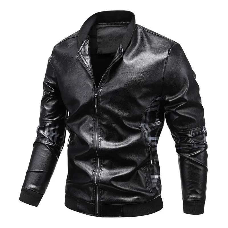 Autumn Side Plaid Spliced Leather Jacket Men Stand Collar Slim Pu Leather Jacket Fashion Motorcycle Causal Coat Winter Mens Coat X250925