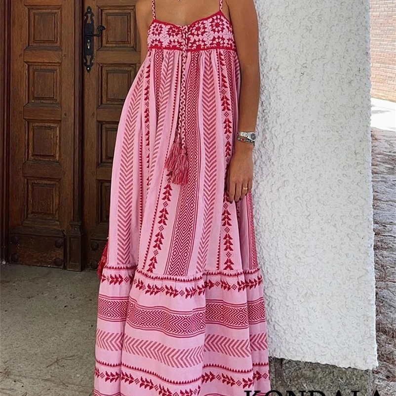 KONDALA Boho Flower Print Knit Corset Long Cami Dress Women Bow Tie Embroideried Ruffles Beach Dress Fashion Summer Dress 240530