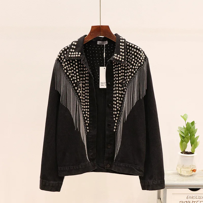 2024 Autumn Streetwear Denim Jacket Women Handstudded Rivet Tassel Chain Short Jeans Loose Vintage Casual Black Coats 250905