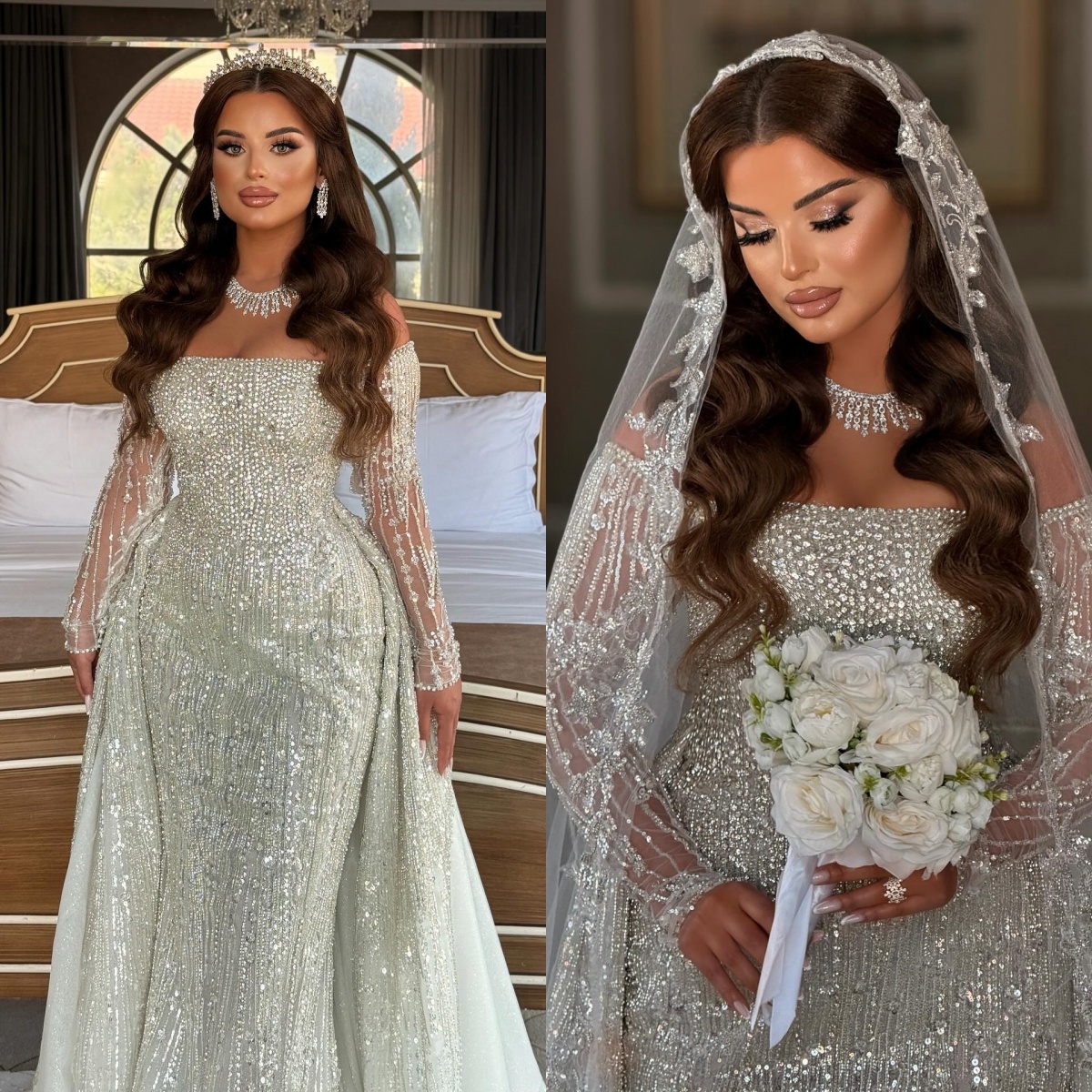 Luxury Beading Wedding Dresses Rhinestone Bridal Gowns Overskrts Off Shoulder Sequins Mermaid Customized Vestidos De Novia Plus Size