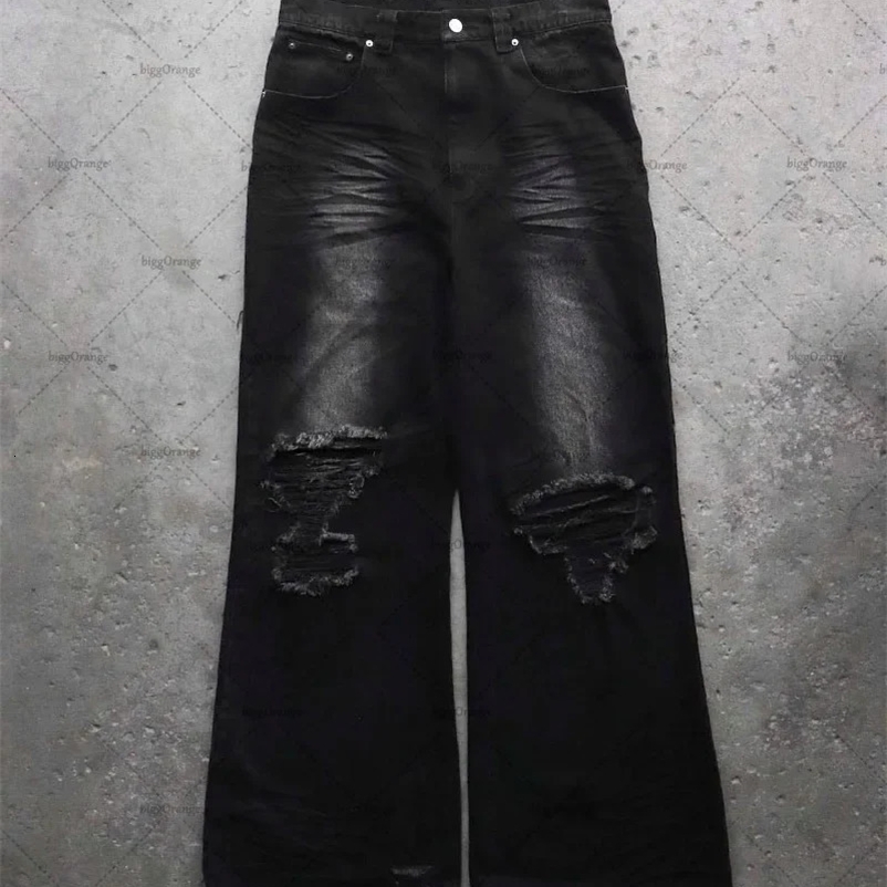 Y2K Street Hip Hop Goth Ripped Jeans Mens Retro Fashion Punk Loose Harajuku Button High Waist Wide Leg Pants Womens 240429
