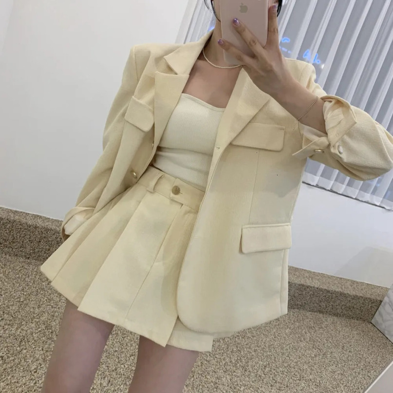 Womens Vintage Blazer Set Skirt Suits Office Lady 2 Two Piece Long Sleeve Jacket with High Waist Pleated Short Mini 240704