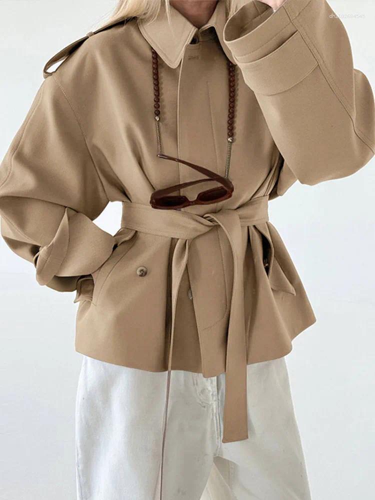 Women's Jackets Solid Lapel Collar Belted Waist Jacket Button-Front Boxy Fit 2025 Autumn Elegant Women Overcoat Vintage Chic Office Lady