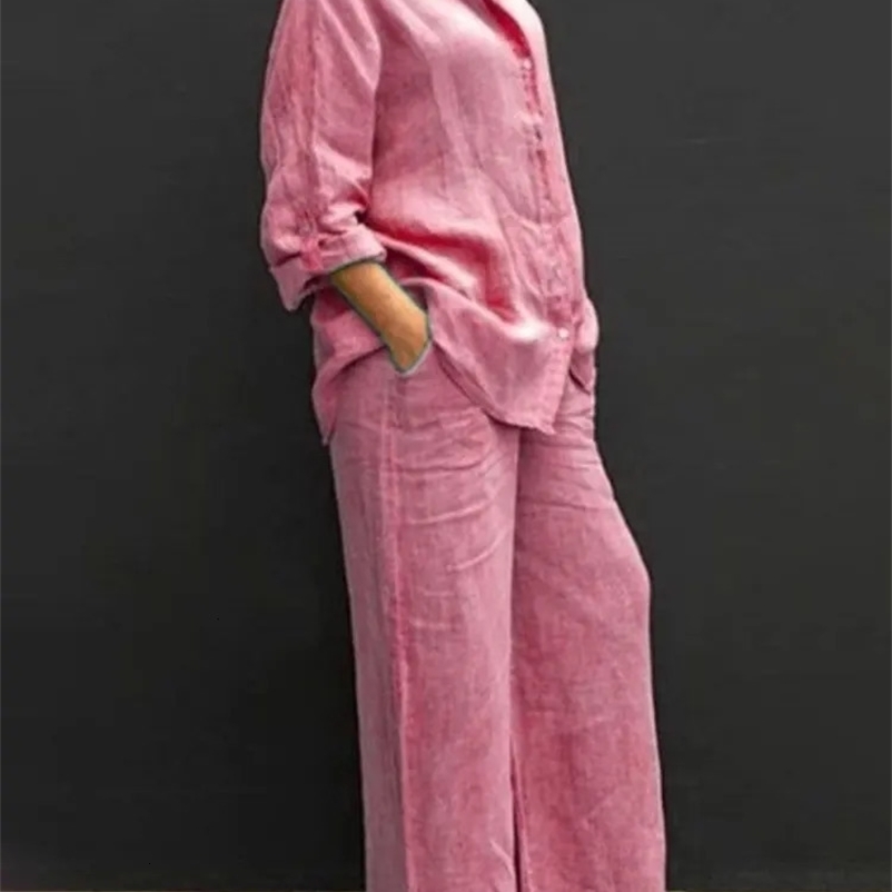 Women Autumn Linen Lapel Shirt Two Pieces Set Vintage Solid Long Sleeve Button Blouse and Loose Straight Pants Casual Suits 240517