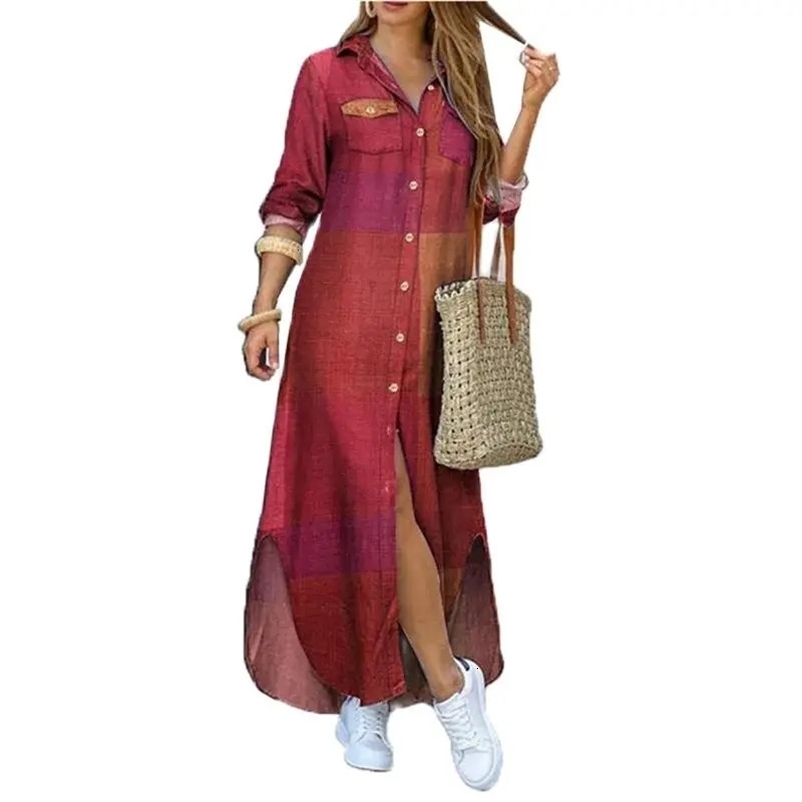 Fashion Color Contrast Print Women Dresses Spring Autumn Long Sleeve Splicing Pocket Dress Single-breasted Cardigan Female Gown 240318