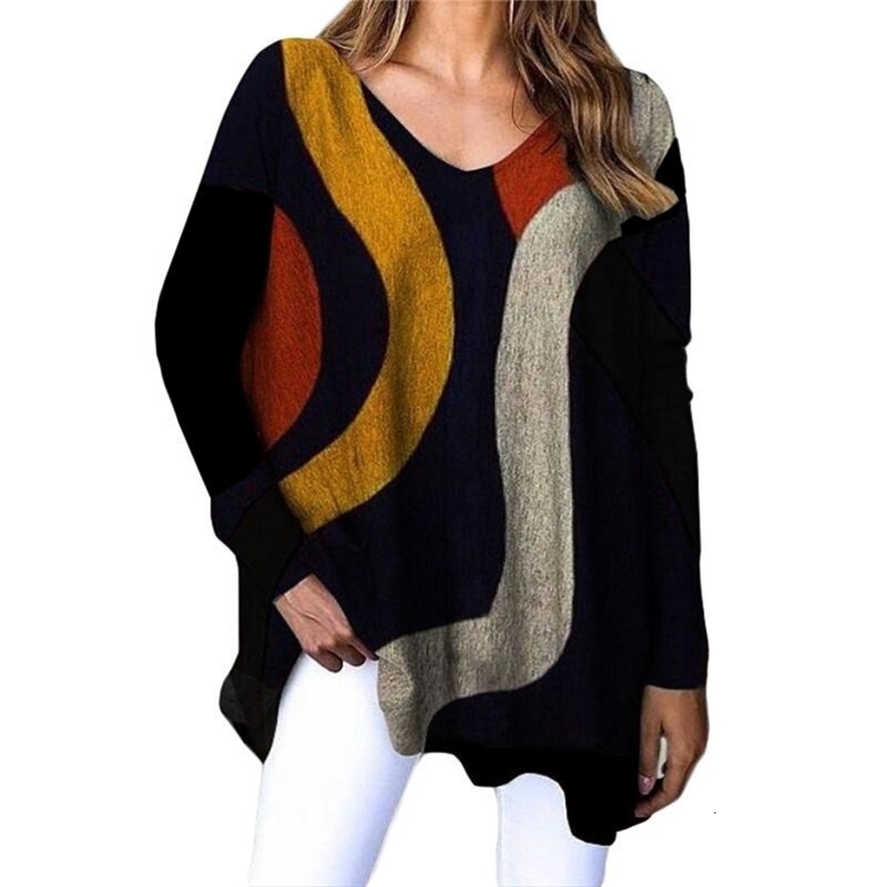 Women's Striped Long Sleeve Printed T-Shirt Fashion V-Neck Streetwear Ladies Large Size Casual Spring and Autumn Style Top 210819