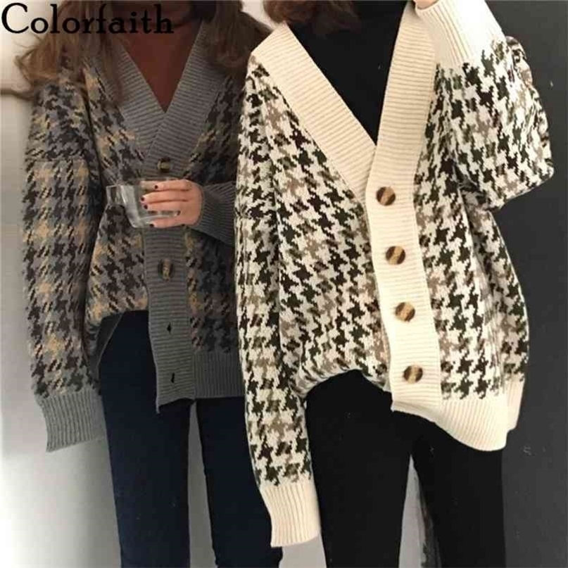 Colorfaith Autumn Winter Women's Sweaters Buttons Cardigans Plaid Harajuku Oversize Korean Knitted Lady Tops SWC1203JX 210917