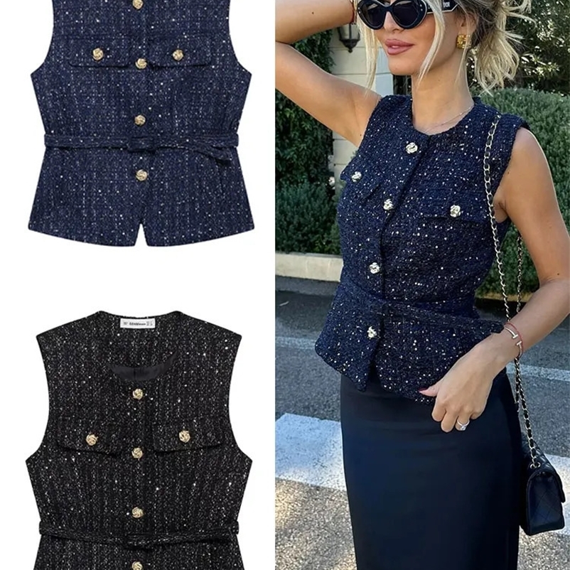TRAFZA Women Fashion Tweed Belt Waistcoat O Neck Single Breasted Sleeveless Vests Spring Summer Office Lady Outerwear Chic Tops 250619bj
