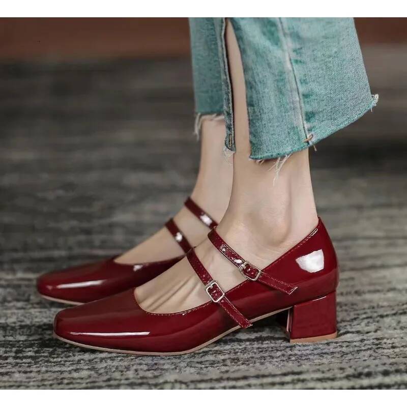 Spring Autumn Women Double Buckle Mary Janes Shoes Patent Leather Dress Head Square Heel Solid Color Women's Pumps ddmynov