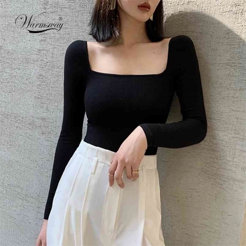 Black Office Lady Elegant Scoop Neck Long Sleeve Solid Mercerized Cotton Pullovers Tee Casual Women Y2K T-Shirt B-076 210917
