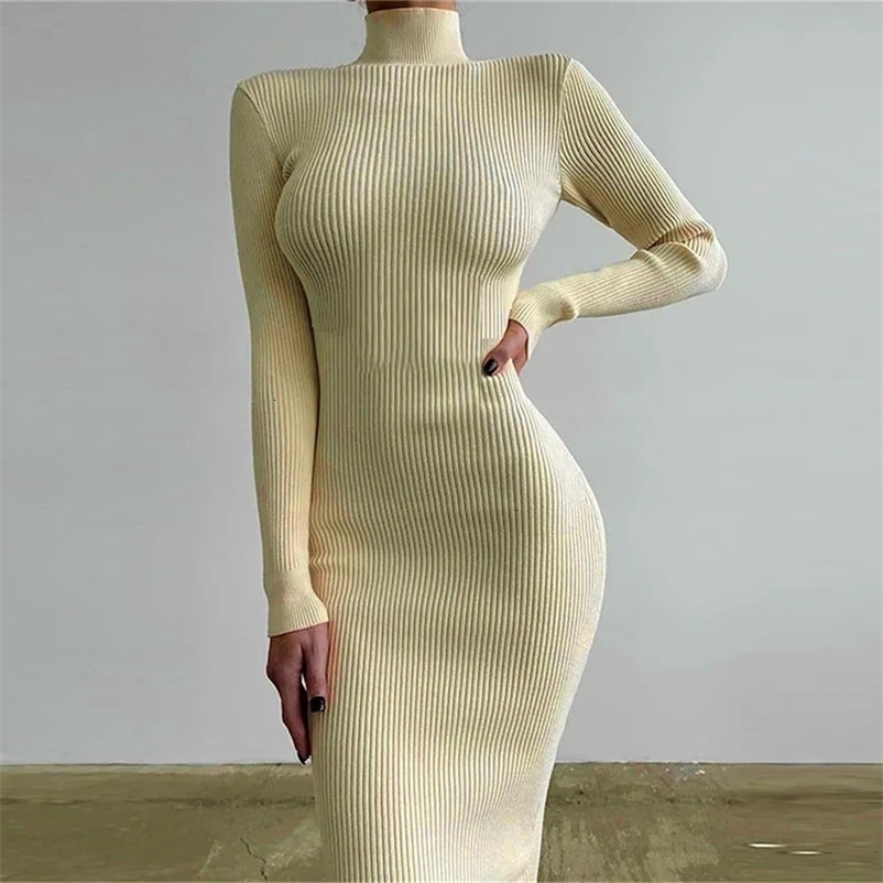 Autumn Winter Women Turtleneck Knitted Dresses Elegant Solid Bodycon Long Sleeve Sweater Dress Spring Office Lady Sexy Dresses 240530