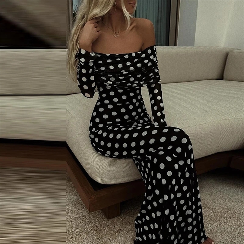 Spring Polka Dot Print Slim Bodycon Long Dress Women Sexy Slash Neck Draped Party Dress Summer Off Shoulder Boho Maxi Dress 240318