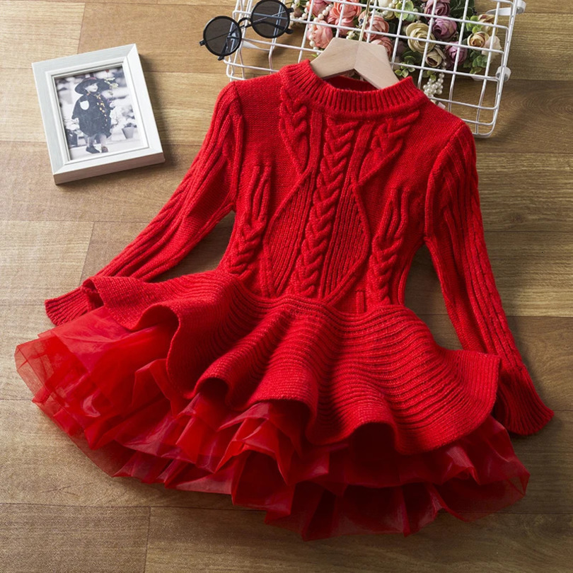 Knitted sweater girl dress 3-8 years full sleeved casual clothing autumn winter girl Christmas Year dress 241126