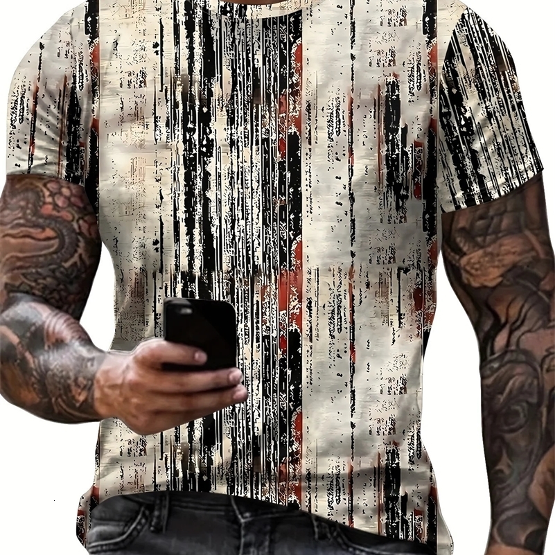 Mens Casual And Chic Stripe Pattern Print Tshirt With Crew Neck Short Sleeve Cool Tops For Summer Leisurewear Outdoor y250120Z