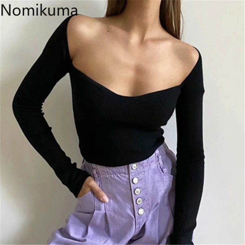 Nomikuma Sexy Slim Square Collar Strapless Pullover Knitwear Autumn New Long Sleeve Short Women Knitted Tops Jumper 6B960 210427