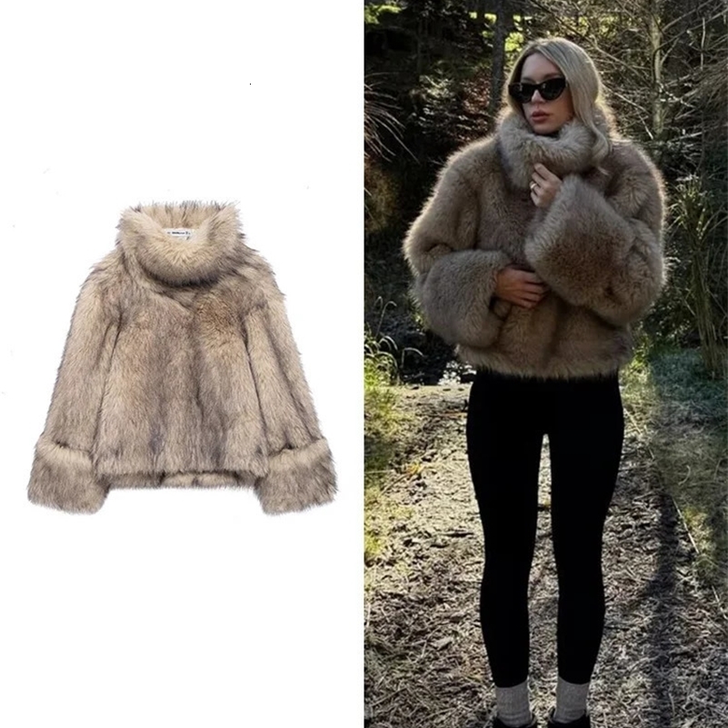 TRAF womens street fashion stand up collar short jacket style faux fur effect sportswear top 241211Z