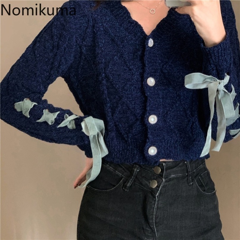 Nomikuma Korean Bow Bandage Long Sleeve Knitted Coat Autumn Winter Sweater Jacket Causal V-neck Short Knitwear Cardigan 6D131 210427
