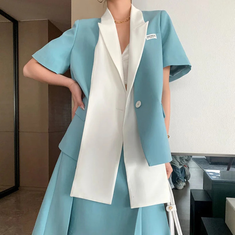 Women TwoPiece Sets Summer Korean Style Office Ladies Loose Short Sleve Blazer and High Waist Slim Solid Color Skirt Suit 240704