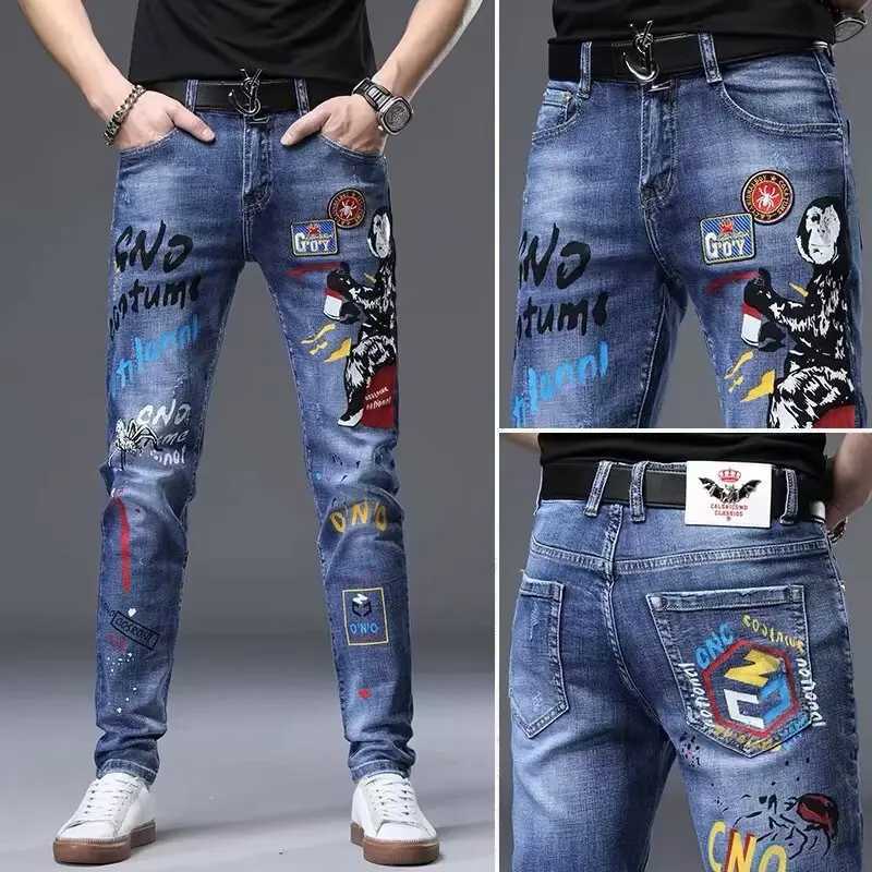 New 2024 Mens Embroidered Jeans Casual Slim Fit Bootcut High End Faion Brand Cotton Elastic Denim Pants for Autumn W250925