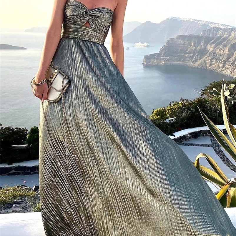 Sexy Twist Strapless Hollow Out Long Dress Women Boho Elegant Bronzing Evening Dress Fashion Sleeveless A-Line Party Dress 240318