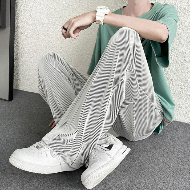 Mens summer thin striped ice silk pants fashionable casual straight crotch loose legs 240822