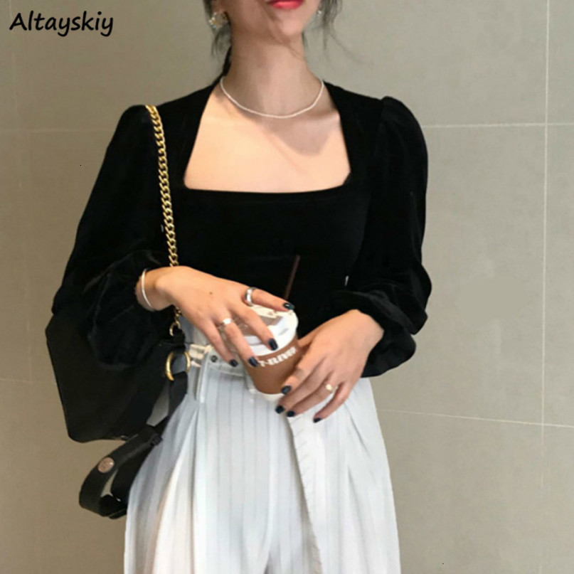 Womens Blouses Shirts Women Solid Puff Sleeve Stylish Vintage Retro Simple Chic Velour Slim Basic Long Sleeves Soft 230404
