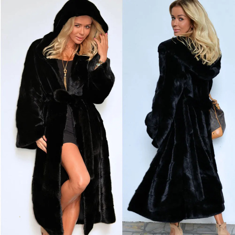 Long hooded mink coat womens autumn and winter warm fur coat with belt womens black casual loose faux fur coat womens jacket 241113