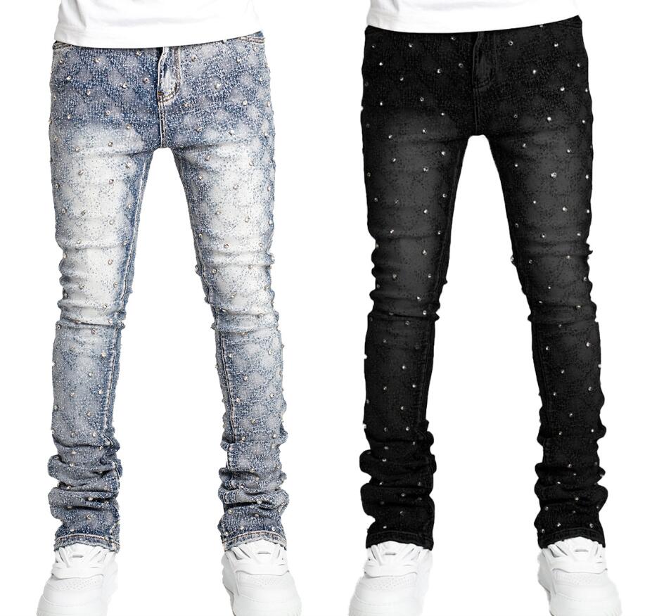 Pencil jeans mens desinger jean pants european and american rhinestone popular elastic denim layered flared pants