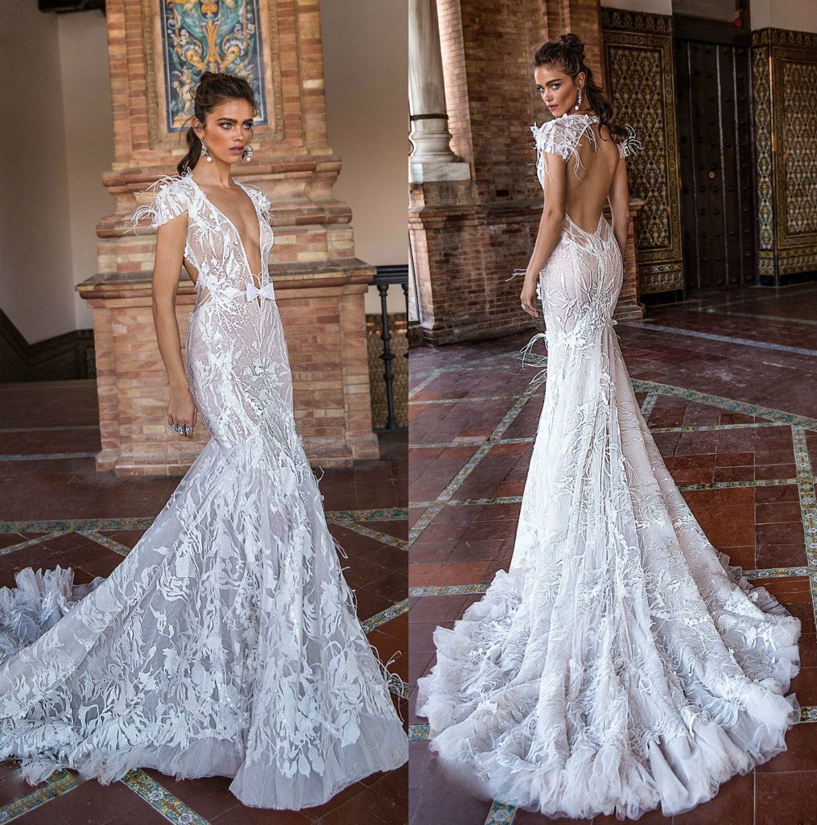 Mermaid Wedding Gowns: Elegant V-Neck Backless Lace Bridal Dress with Feather Details and Sweep Train for Beach Weddings