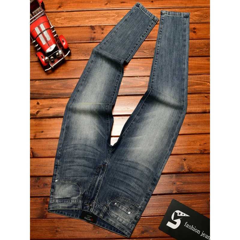 High end jeans mens summer stretch retro denim trendy brand embroidered print casual slim fit small foot long pants W250925