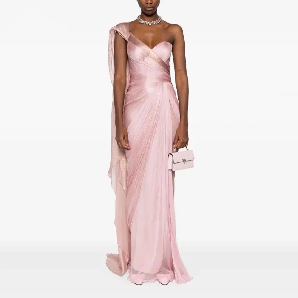 Pink Elegant Prom Party Dresses Sweetheart One Shoulder Pleats Chiffon Long Mermaid Evening Formal Occasion Dresses Women Modern robe de soriee
