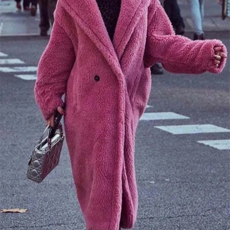 Women's Wool Blends Faux Fur Lambswool Jacket Women Winter Thick Fleece Teddy Coat Female Oversized Casual Loose Long Sleeve Warm Long Outerwea