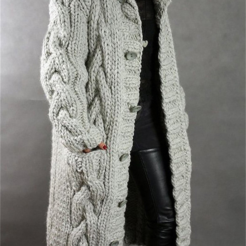 Women's Knits Tees Oversized Long Cardigan Women Vintage Thick Knitted Sweater Cardigan Winter Casual Long Sleeve Knitwear Lady Loose Solid Swe