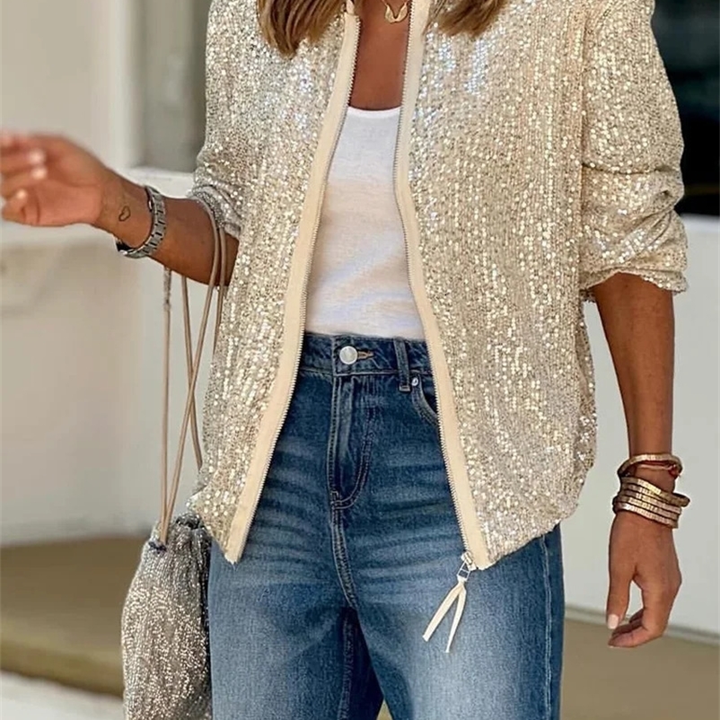 O-Neck Solid Loungewear Coats Women Spring Summer Zipper Fashion Outerwear Long Sleeve Sequins Patchwork Ladies Jackets 240530