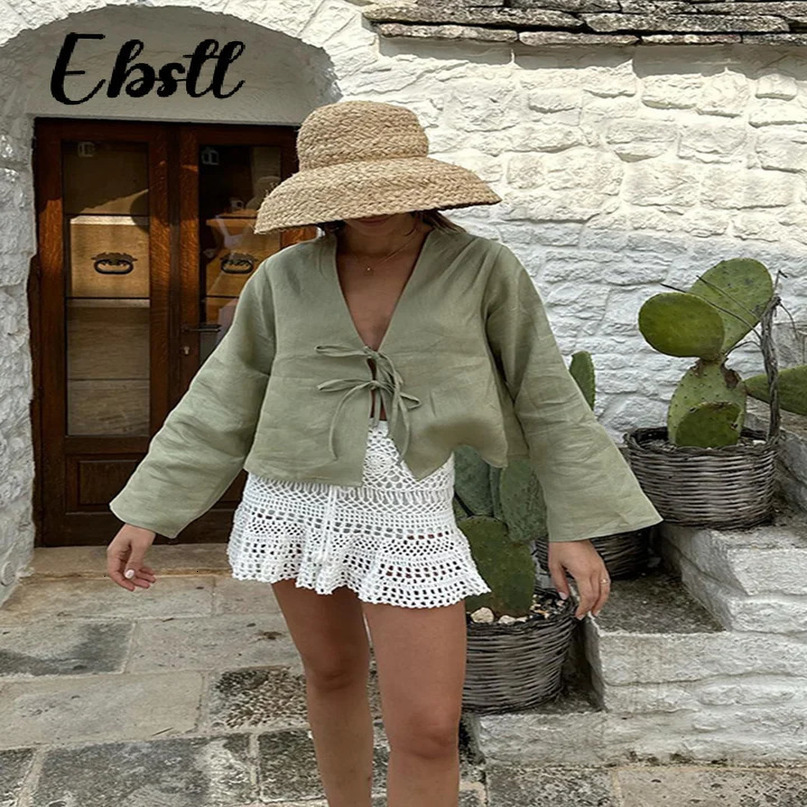 Sexy Lace Up Hollow Out Shirt Women Loose Solid Vneck Lantern Sleeve Tops Female Summer Casual Fashion Lady Short Blouses 240531
