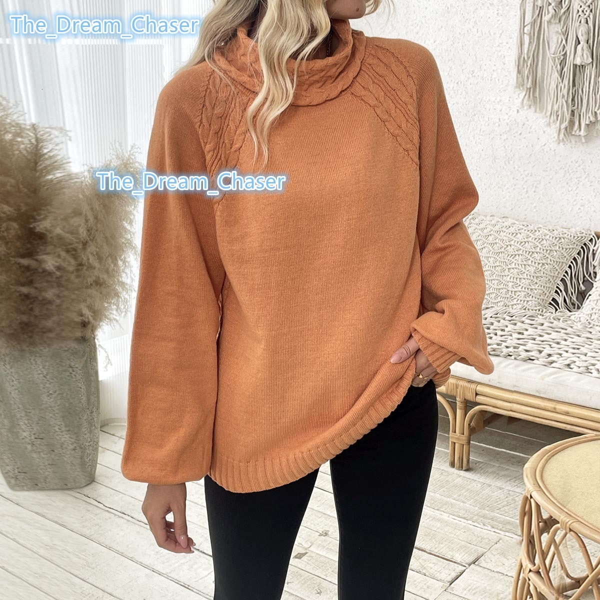 2025 Autumn Winter New Sweater Womens Straight Floral Half Turtleneck Princess Sleeve Sweater