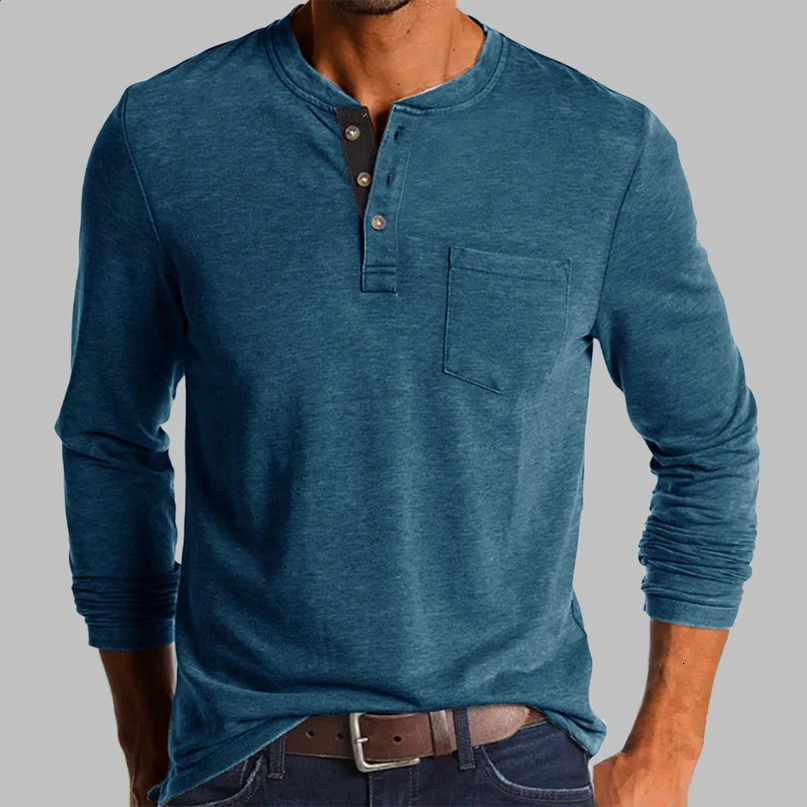 SpringAutumn Trends Mens Elegant Fashion Button Half Open Collar Solid Color Long Sleeve Pocket Top Shirt 240822