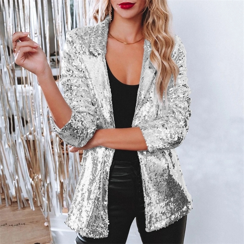 Women Sequins Jacket Party Motorcycle Long Sleeve Overcoat Glitter Shiny Lapel Rave Outerwear Silver Pink Gold Blazer Coat 240530