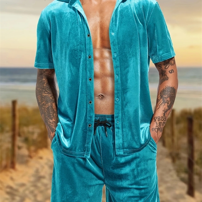Summer Beach Casual Velvet Two Piece Suits Mens Fashion Solid Color Shiny Outfits Vintage Short Sleeve Shirt And Shorts Men Sets 250326