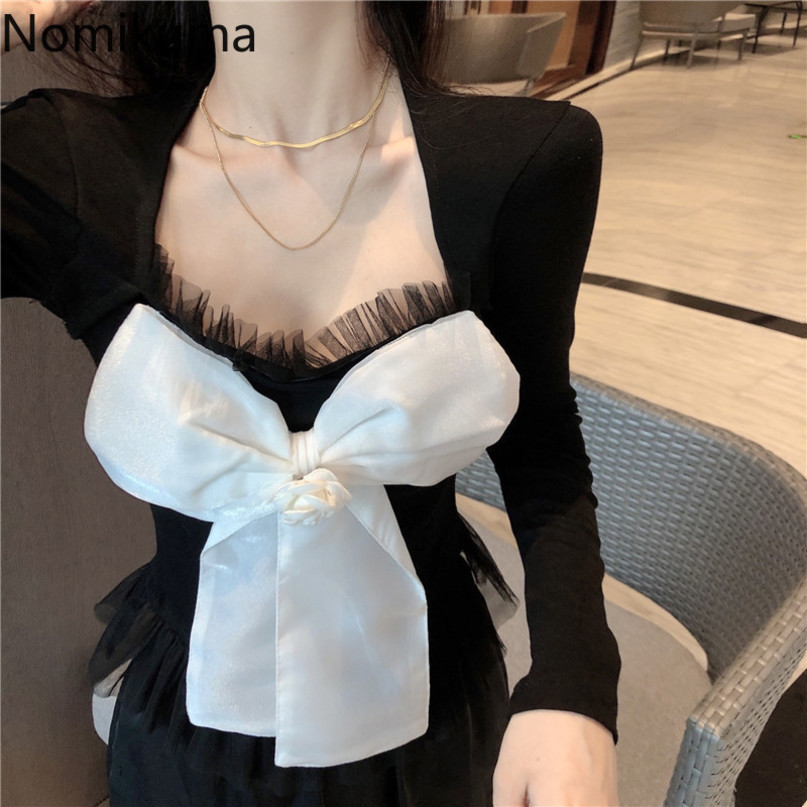 Nomikuma Korean Sweet Bowknot Blouse Tops Long Sleeve Square Collar Women Shirt Slim Short Mesh Ruffle Patchwork Blusas 6C339 210427