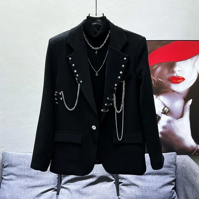 Spring Autumn Niche Chain Black Suit Jacket Fashion Mens Handsome High Street Loose Casual Men Tops Blazers Male Clothes 250923