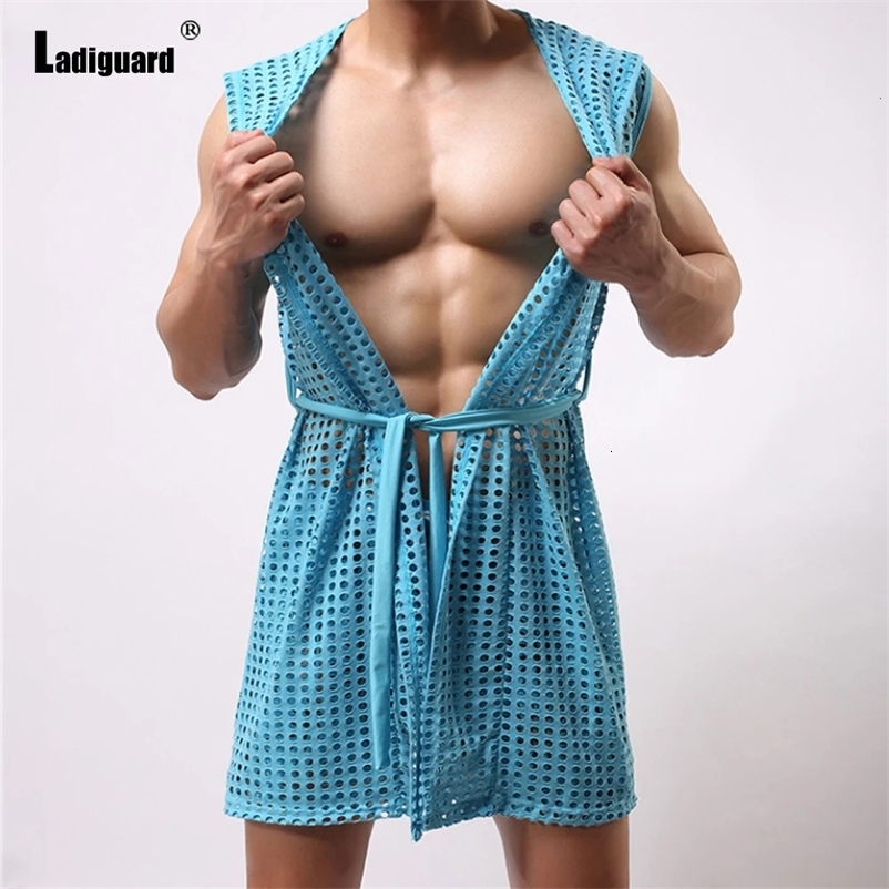 Ladiguard Sexy Hollow Out Tank Tops Men Sleeveless Vest Summer Casual Beach Shirt Clothing Open Stitch Long Hooded T-shirt 240530