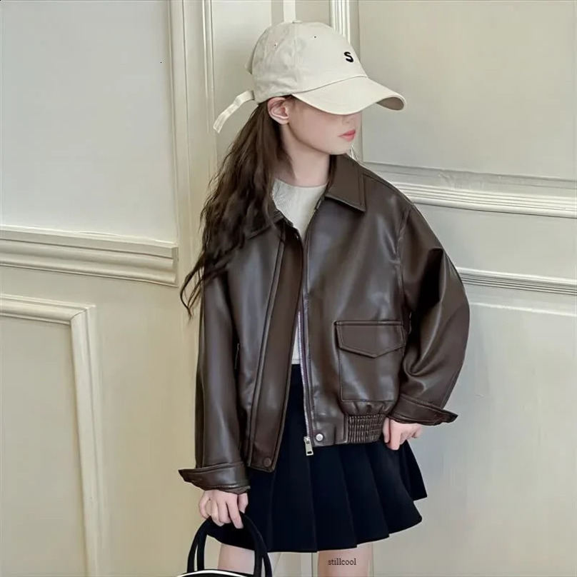 Girls Leather Jacket PU Fashion Casual Windproof Teenage Kids Coats Autumn Brown Biker Chic Trendy Outerwear 12 13 14 Years 250113