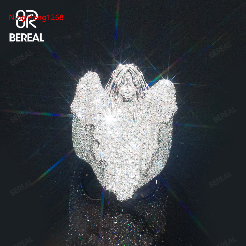 Custom Pass Diamond Tester Hip Hop VVS Moissanite Stereoscopic 3D Angel Ring Iced Out 925 Silver Ring Men Fine Jewelry Ring