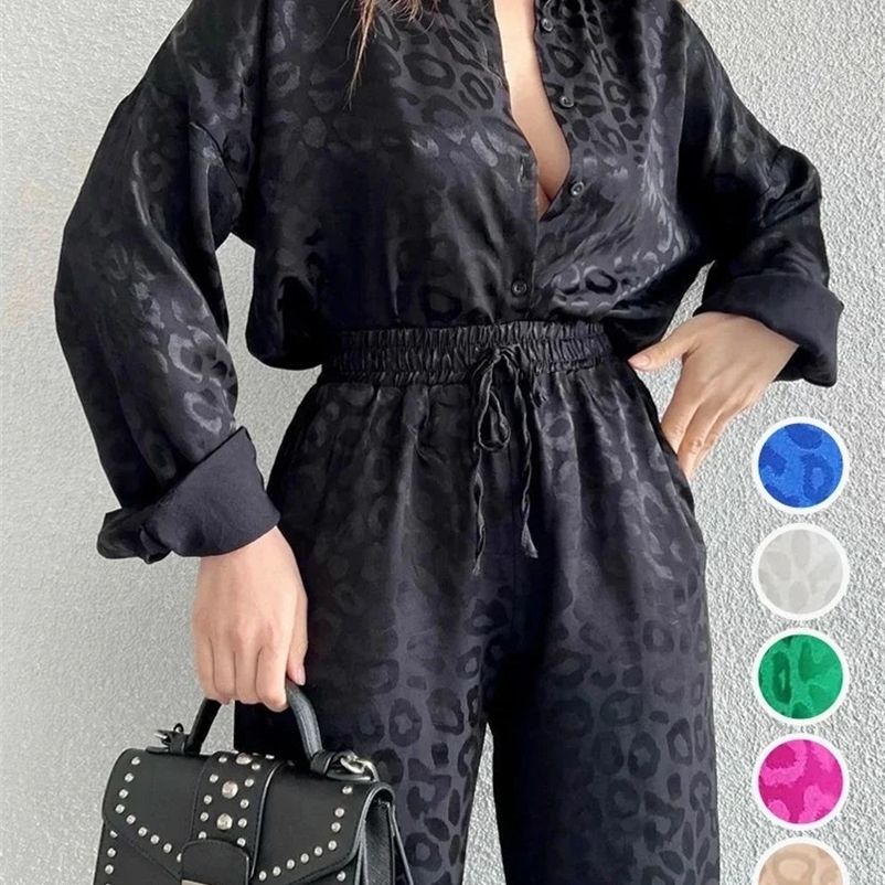 White Satin Wide Leg Trousers Suit for Women Spring Office Leopard Print Two-piece Set Home Tracksuit Womens Pajamas Sets 240517