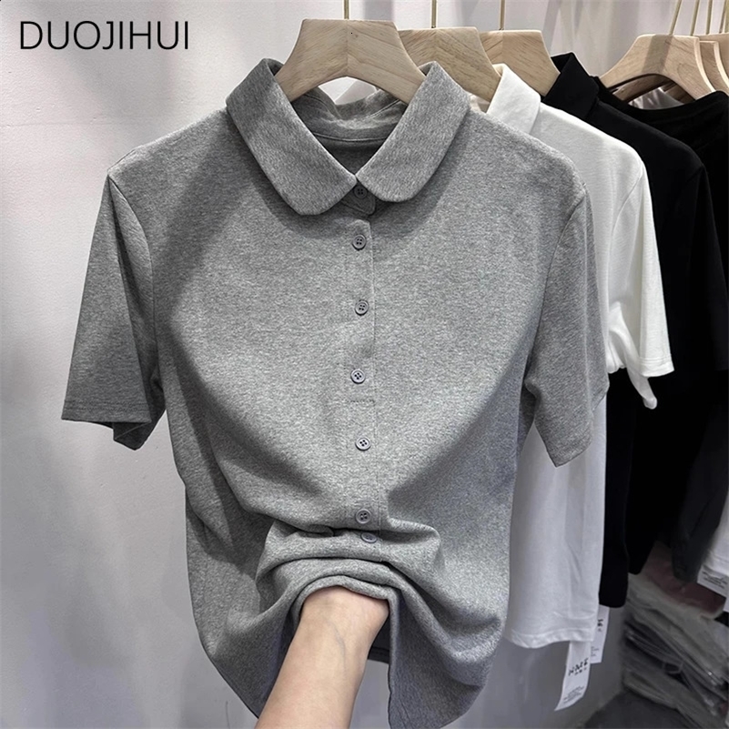 DUOJIHUI Grey Basic Polo Neck Knitting Slim Female Tshirts Summer Chicly Button Fashion Solid Color Casual M2XL Women Tshirts 241220Z