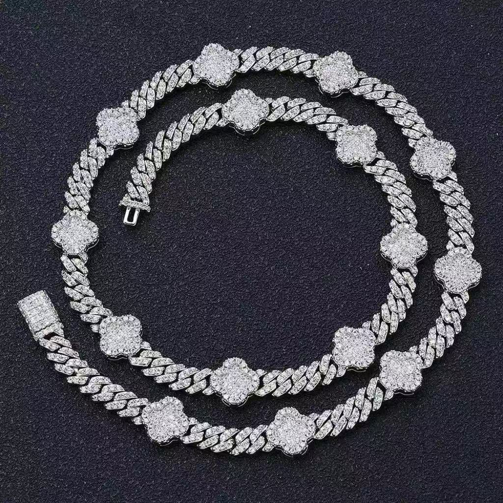 designer necklace luxury jewelry necklace Four Leaf Clover Design Cuban Chain Shiny Single Row Diamond Prong Cuban Link Chain Necklace Women Jewelry