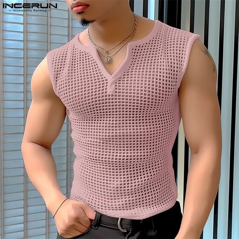 Men Tank Tops Mesh Hollow Out Solid V Neck Sleeveless Streetwear Male Vests Transparent Summer Fashion Men Clothing INCERUN 240530